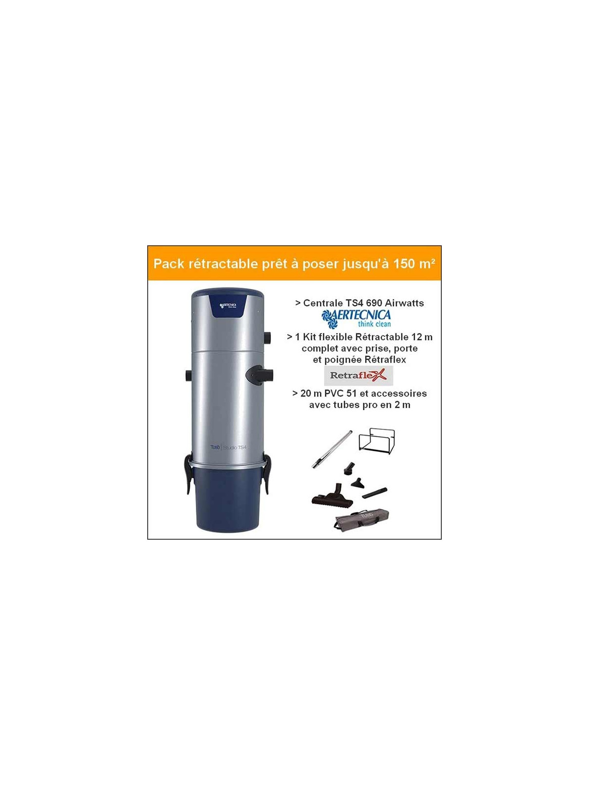 Pack rétractable 150m² prêt à poser centrale Aertecnica TS4 avec flexible rétractable 12 M